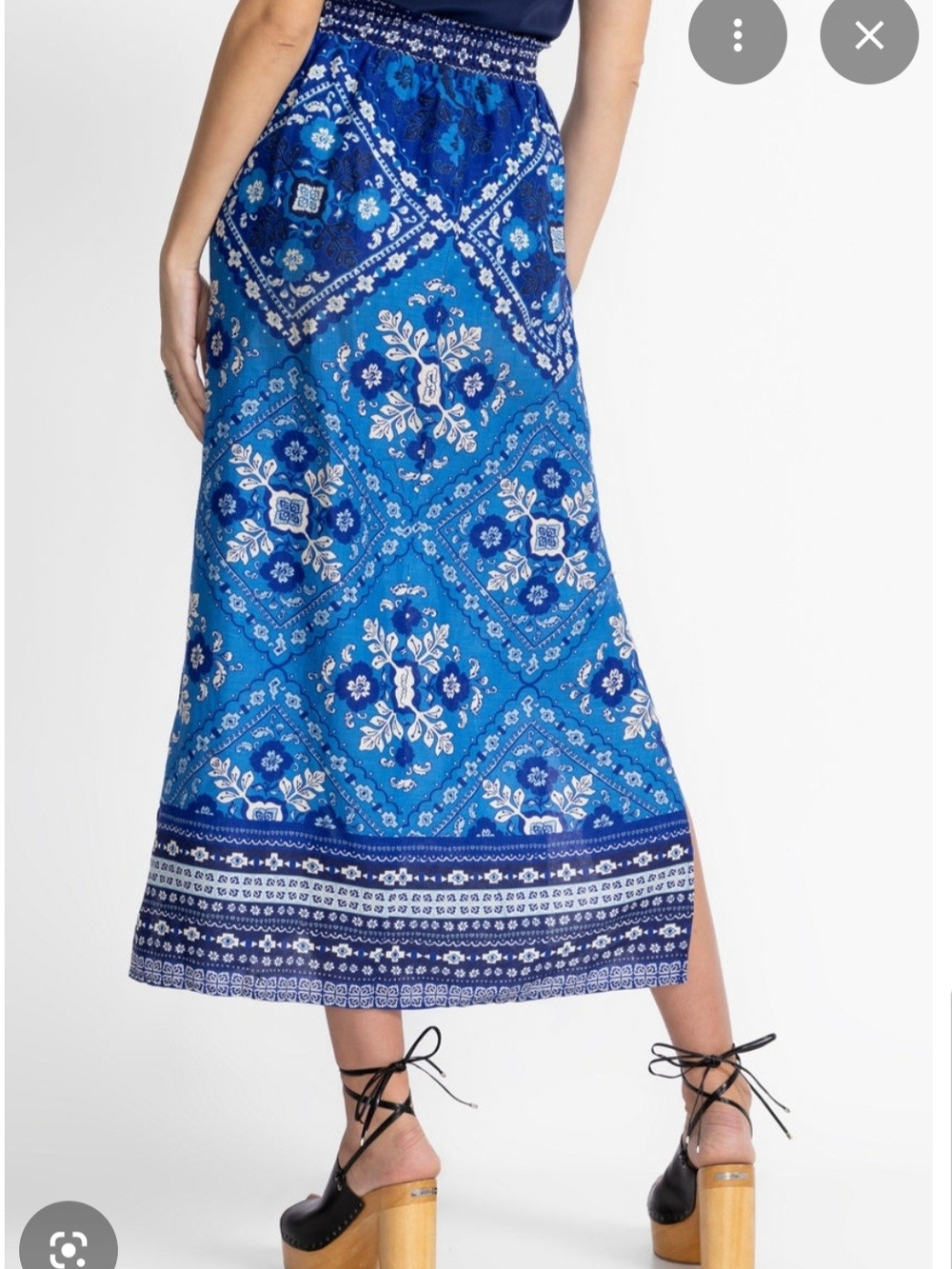Johnny Was Linen High Slit Skirt  Stretch Waist Blue Floral Women's Size Medium